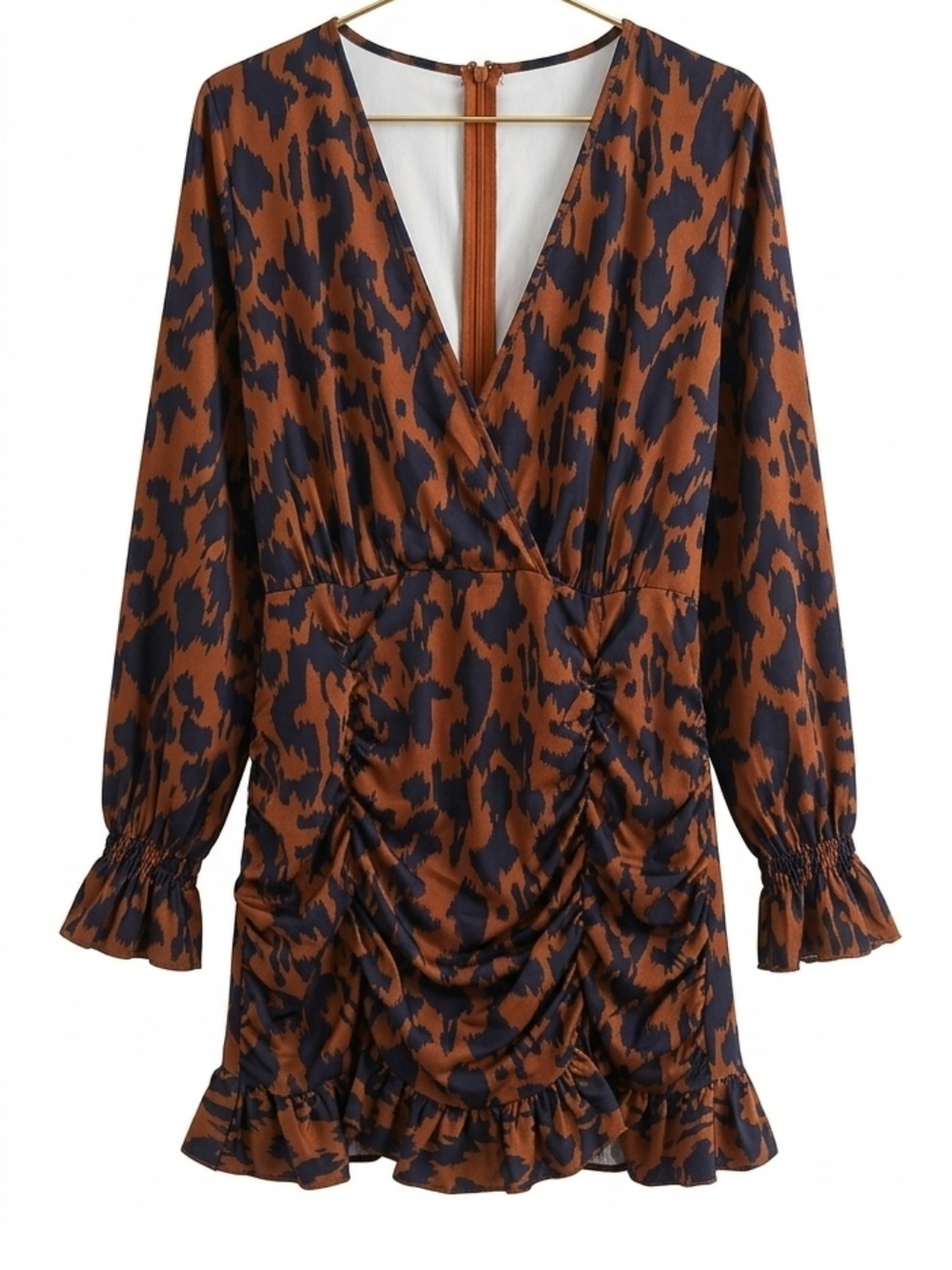 Brown and Black Leopard Print Ruched Mini Dress Size XLarge